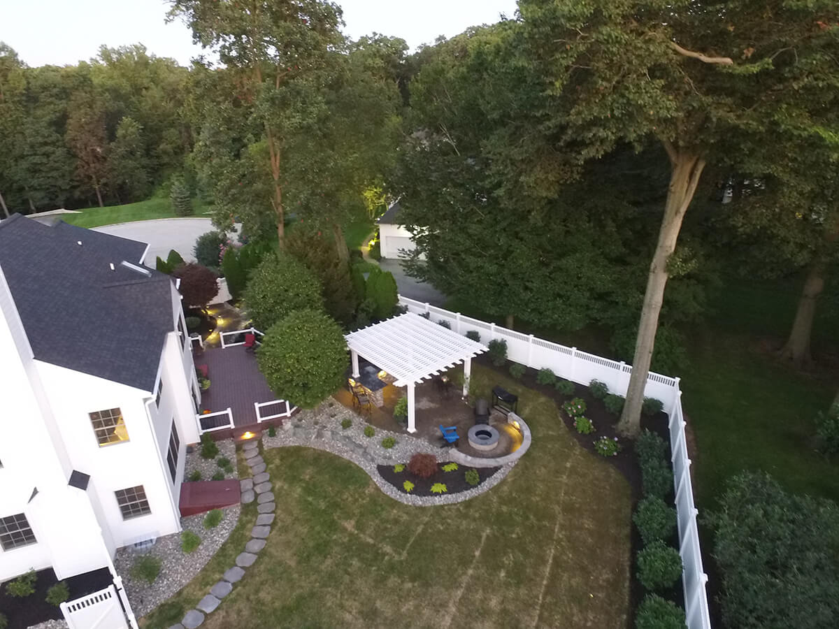 aerial view of new patio and outdoor deck