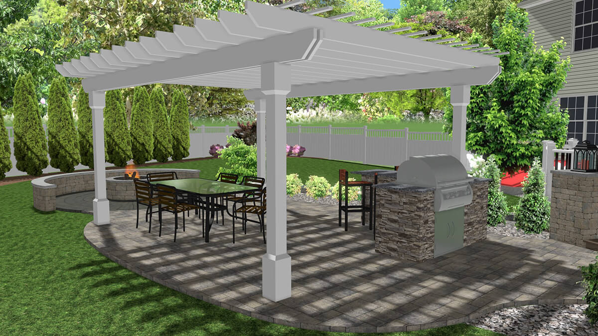 3d rendering of detached pergola over outdoor kitchen