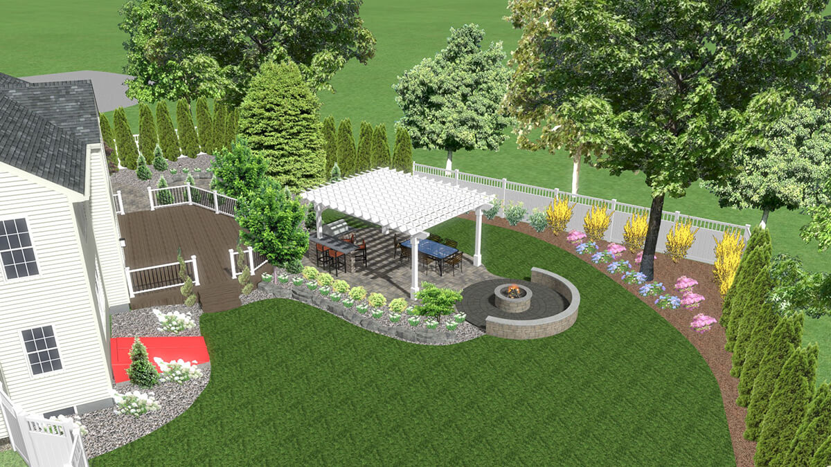 aerial 3d rendering of pergola and fire place